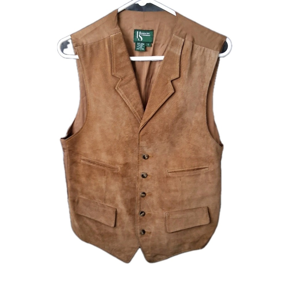 Hammacher Schlemmer Mens Small Brown Leather Western Riding Vest Rayon Back Y2K